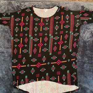 LuLaRoe Irma Tunic: Black with Pink/Teal/Orange Design (L)